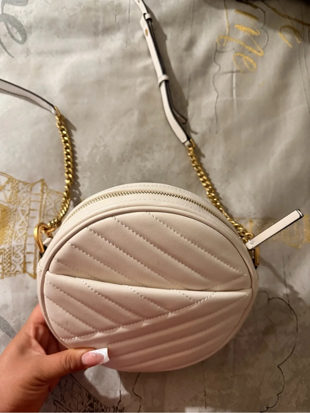 Tory Burch Cream Quilted Round Crossbody with Gold Logo